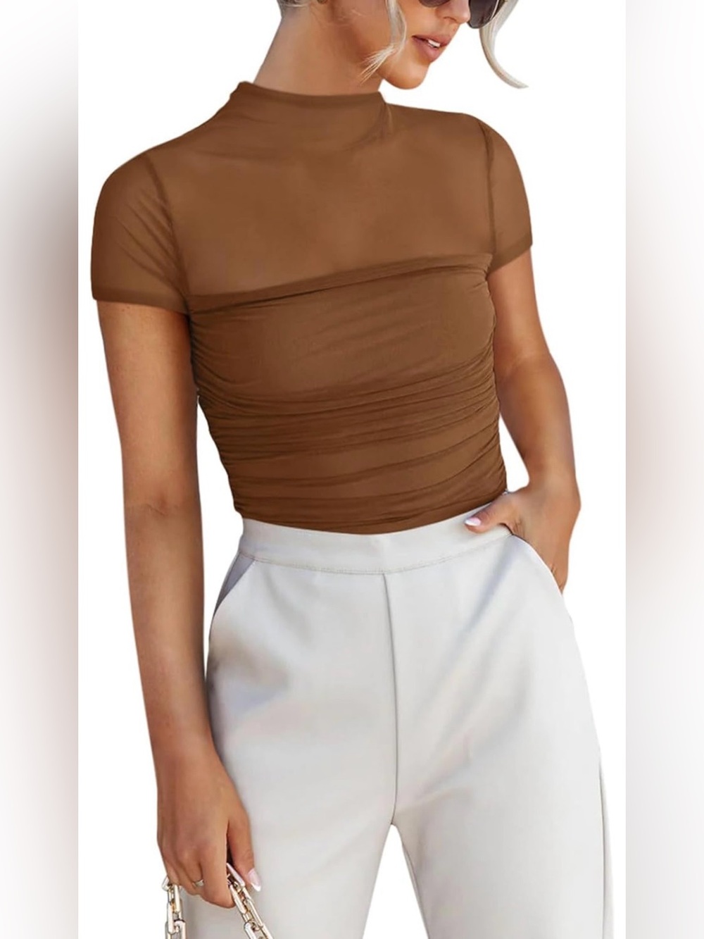 Women’s sexy mock turtleneck short sleeve shirt Sheer mesh ruched bodysuit
